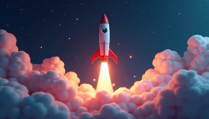 Colorful rocket launching into starry sky surrounded by clouds and glowing light.
