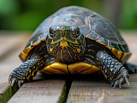 Turtle isolated on wooden background