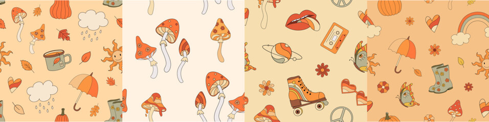 Set of whimsical autumn vibe seamless pattern in retro style with mushrooms, pumpkins, leaves, umbrellas, roller skates and peace signs. Warm orange, beige tones. Nostalgic 80s, 70s.