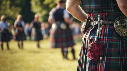 A group of men dressed in colorful kilts engages in traditional activities at a cultural gathering, surrounded by greenery and an audience.