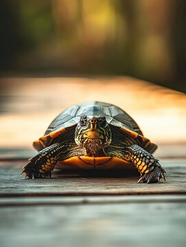 Turtle isolated on wooden background