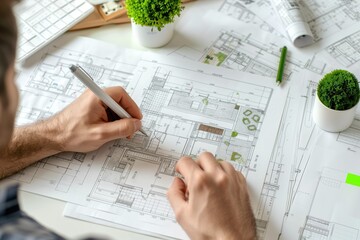 Architect working on detailed floor plans, integrating landscape elements into a modern residential design project