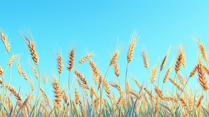 Gold wheat field against the blue sky. Rural landscape, ears of wheat on a blue background with copy space , rich harvest concept.