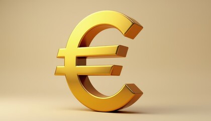 Fototapeta premium Golden euro symbol stands upright on a beige background, signifying wealth and European currency.