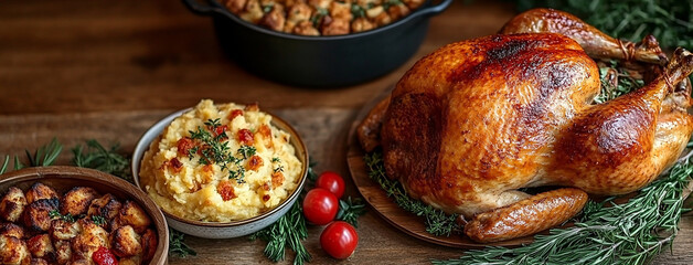 traditional thanksgiving dinner, food photo of bowls filled with thanks giving meal with roast turkey and other foods on a wooden table 