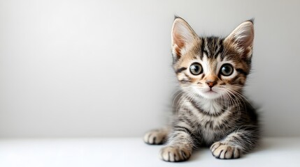 Obraz premium A playful kitten with bright eyes and soft fur, sitting adorably on a white background, capturing the innocence and charm of young pets