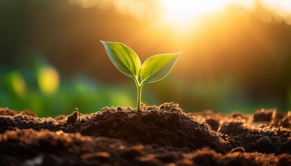 Close-up of a tender sprout with soft, curling leaves, pushing through the moist earth, gent 