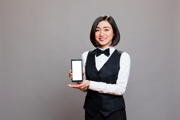 Smiling asian restaurant employee in waitress uniform presenting smartphone with white screen for menu ads mockup. Cheerful woman receptionist showing mobile phone with empty display portrait