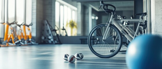 Stationary Bicycle and Exercise Balls in a Fitness Center