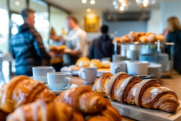 Hotel buffet breakfast taken by a businessman