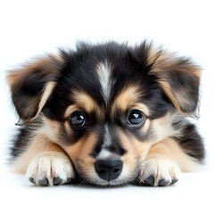 Fototapeta premium A fluffy puppy lying down on a white background, with its head tilted and ears perked up, exuding cuteness and curiosity