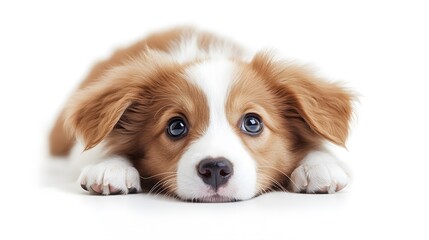 Fototapeta premium A fluffy puppy lying down on a white background, with its head tilted and ears perked up, exuding cuteness and curiosity