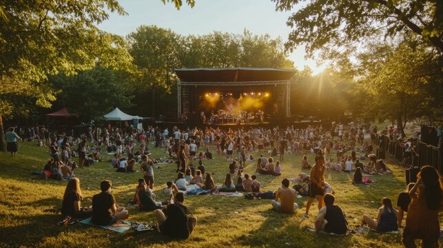 A vibrant outdoor music festival unfolds at sunset, showcasing a large audience enjoying performances in a lush park setting. - Powered by Adobe