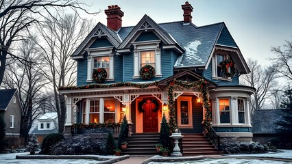 Victorian Home Adorned With Christmas Decorations And Front Yard Tree