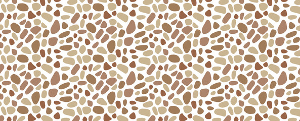 Round stone mosaic pattern. Brown pebbles on white. Abstract vector seamless background with beige and brown rounded elements. For interior, travel, beauty and spa, textile design