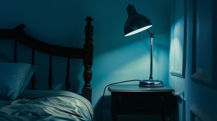 Nightstand table with antique retro vintage lamp, low key photography, relaxing bedtime routine