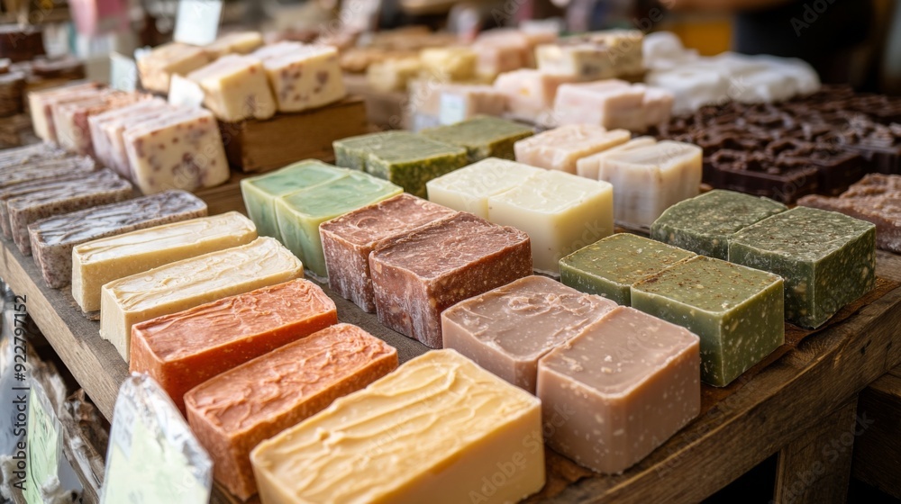 Aufkleber a variety of colorful handmade soaps are neatly arranged on a wooden table at a lively market stall 
