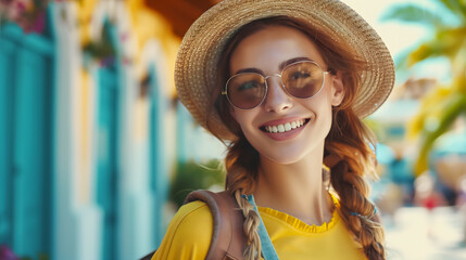 Portrait of a young woman in sunglasses and a straw hat going on vacation
