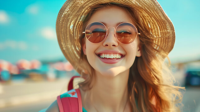 Portrait of a young woman in sunglasses and a straw hat going on vacation - Powered by Adobe