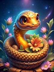 Cute cartoon golden snake in a wicker basket with flowers on a blue glowing background