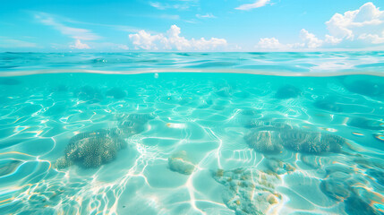 Photo of white sand seabed under crystal clear water, sun rays penetrating through water