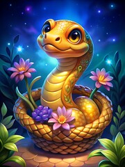 Cute cartoon golden snake in a wicker basket with flowers on a blue glowing background