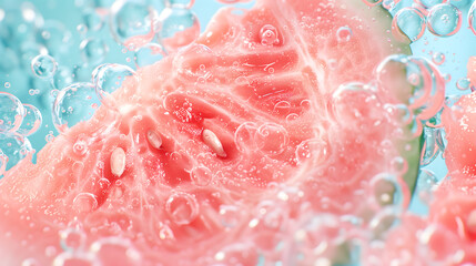 Close up photo of fresh and bright watermelon floating in water with air bubbles