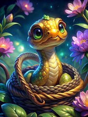 Cute cartoon golden snake in a wicker basket with flowers on a blue glowing background
