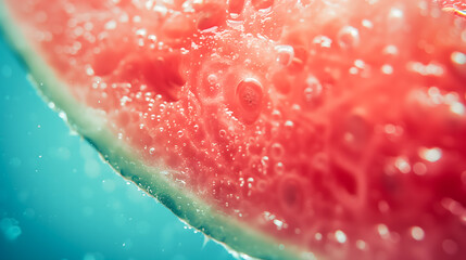 Close up photo of fresh and bright watermelon floating in water with air bubbles