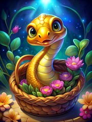 Cute cartoon golden snake in a wicker basket with flowers on a blue glowing background
