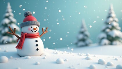 Fototapeta premium Cute snowman with a red scarf and beanie in a snowy landscape with falling snowflakes.