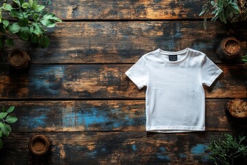 Child's White T-Shirt Mockup on Rustic Wooden Table with Clean Background for Design Showcase