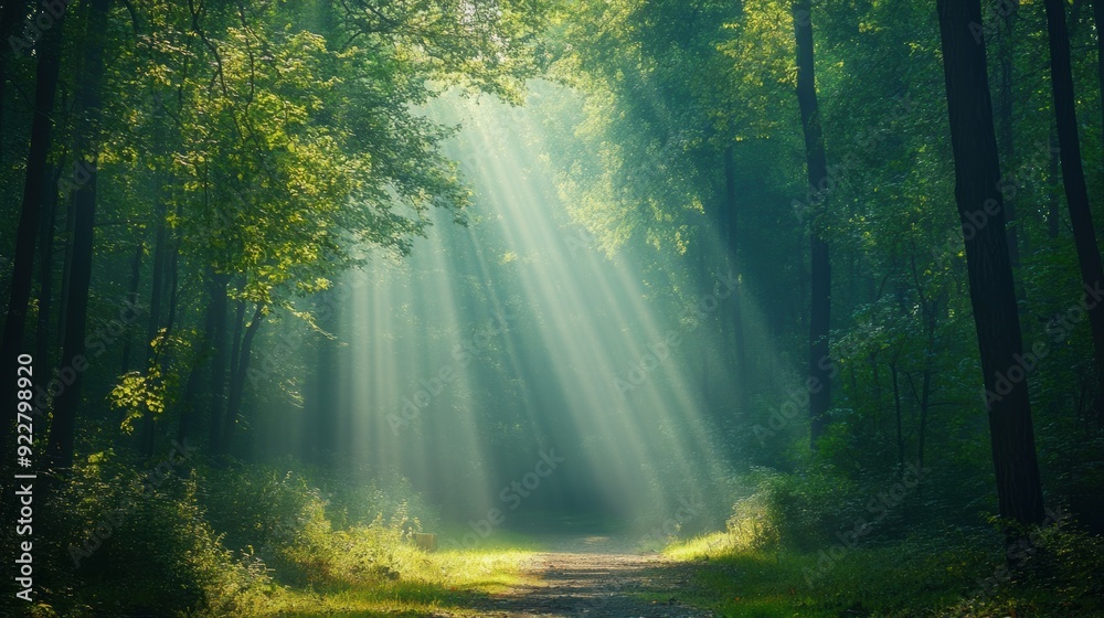 Wall mural a path through a forest with sunlight shining down on it, ai