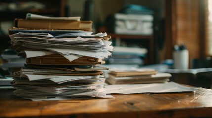 A close-up of a messy pile of documents and files on a wooden table, symbolizing the workload and stress of office life.
