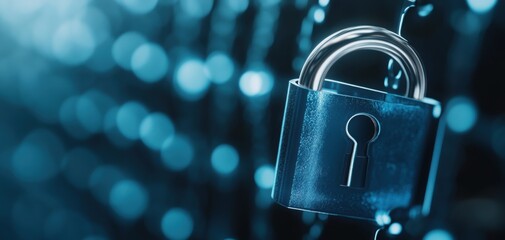 A close-up of a padlock against a blurred digital background representing security and protection in the online world.