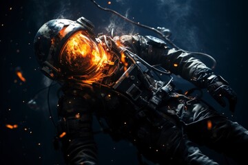 Fototapeta premium An astronaut in a damaged helmet, engulfed in flames, floating in a dark space environment.