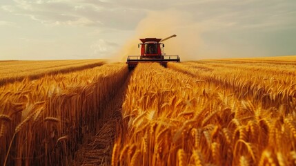 Fototapeta premium A combine harvester working through a vast wheat field, representing the harvest season and agricultural productivity.