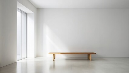 render of a minimalistic white room with wooden bench, white, room, interior, empty, blank, design, modern, minimalistic, clean