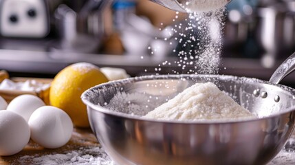 Fototapeta premium A kitchen scene with sugar being measured into a mixing bowl, ready for baking, symbolizing preparation and creativity.