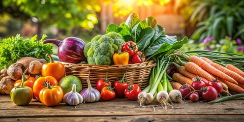 Freshly harvested organic vegetables on a rustic wooden table, Healthy, food, farm-fresh, organic, produce, vegan, vegetarian