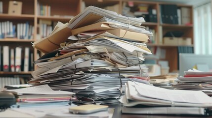 A large stack of reports, documents, and folders piled high on a desk, showcasing an overwhelming workload in a modern office.