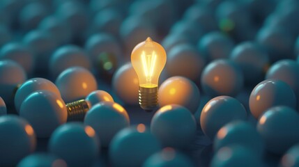 A light bulb glowing brightly among dim ones, symbolizing innovative ideas leading to success and breakthrough achievements.