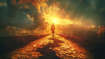 Fototapeta premium A person standing on a path of gold coins leading to a bright future, representing financial freedom and security.