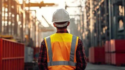 Fototapeta premium Rear View of Worker Overlooking Industrial Port with Cargo Containers and Cranes
