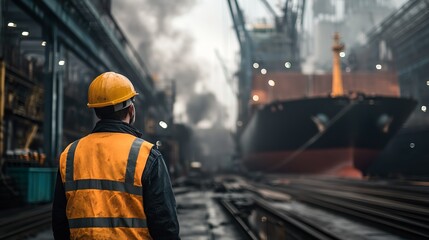 Rear View of Worker Overlooking Cargo Ships and Cranes at Major Shipping Port