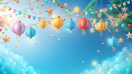 Fototapeta premium Tranquil sky blue background with festival decorations, festival, decorations, serene, peaceful, calming, blue, background