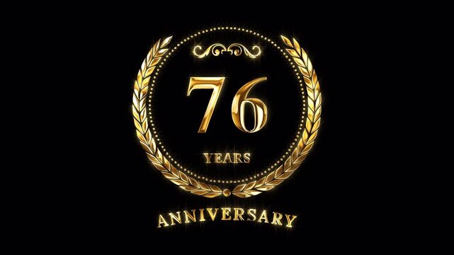 76th Anniversary Celebration. Happy 76 Years Anniversary Animation in Gold Color on the Transparent Background, Alpha Channel. Great for greetings, celebrations, events, and gifts.