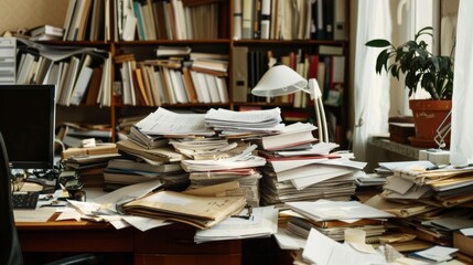 A small office desk covered with an overflow of documents and reports, creating a sense of chaos and urgency in the workplace.