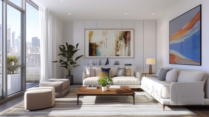A spacious studio apartment setup with modern furnishings, art, and a large window, representing a stylish and functional living space.
