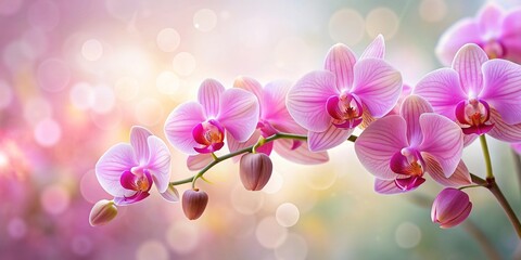 Fototapeta premium Pink orchids on a soft blurred background , floral, elegant, bloom, nature, petals, vibrant, tropical, exotic, beauty, delicate